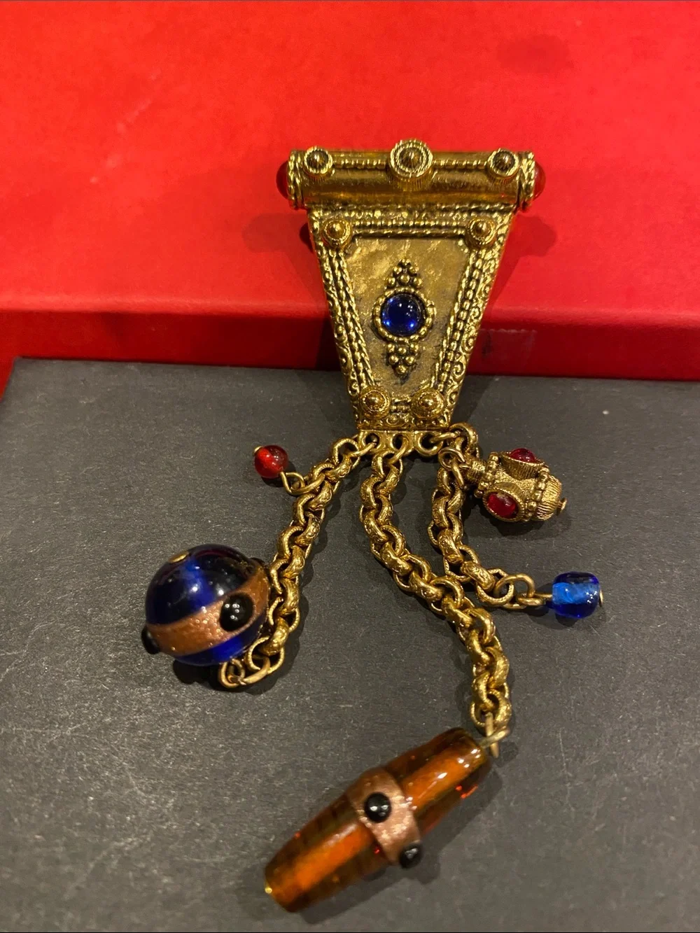 1928 Brand Vintage-Inspired Gold Tone Blue & Red Dangle Art Glass Brooch